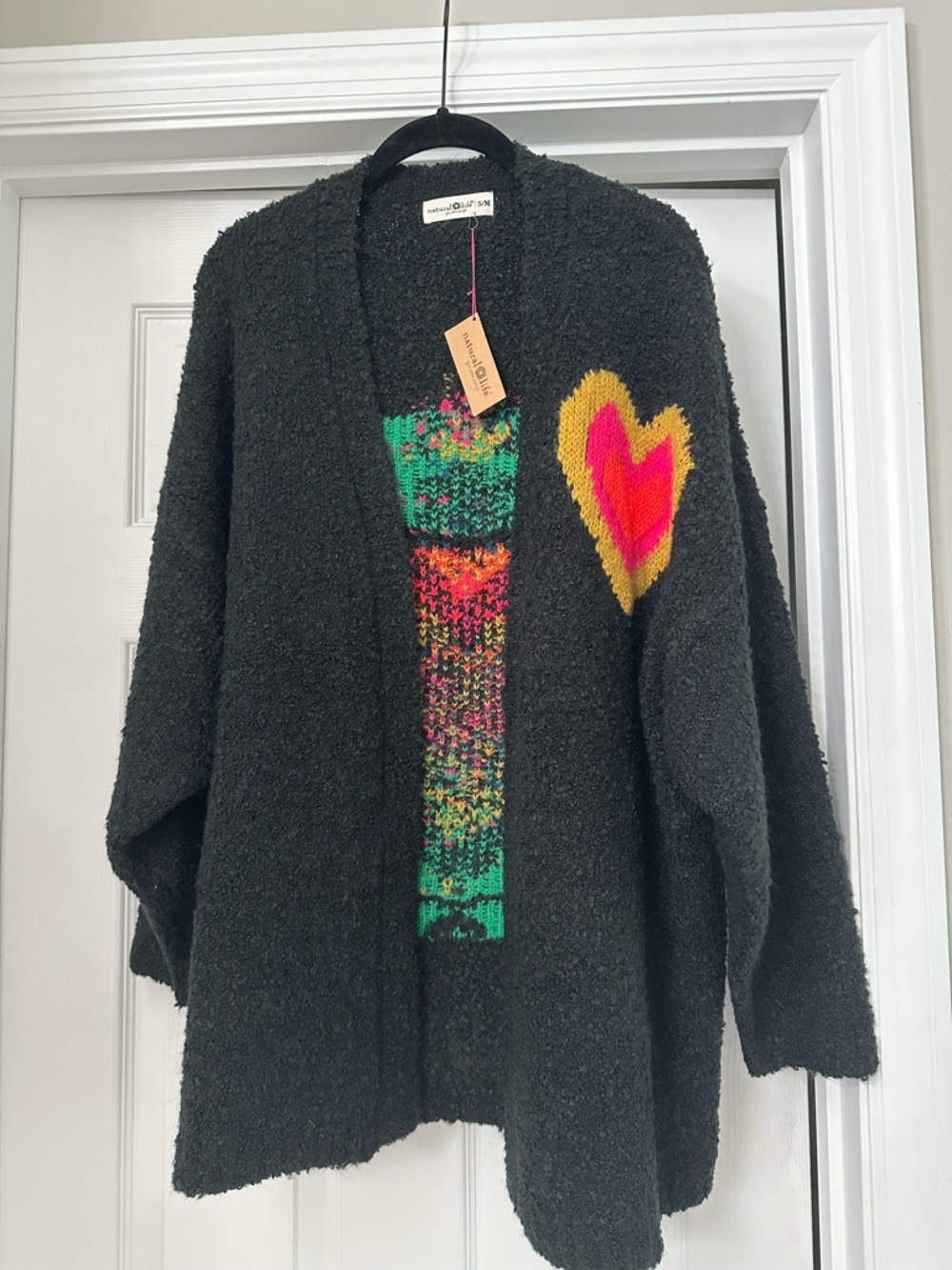NATURAL LIFE Black Cardigan with Neon Green & Pink Knit Accent